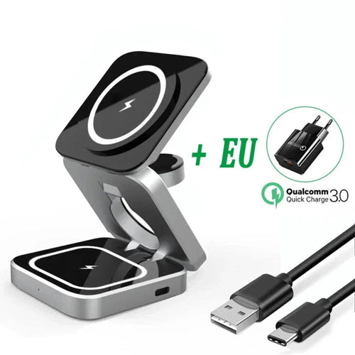 Foldable 3-in-1 Wireless Charging Stand – Phone, Earbuds & Smartwatch Charger