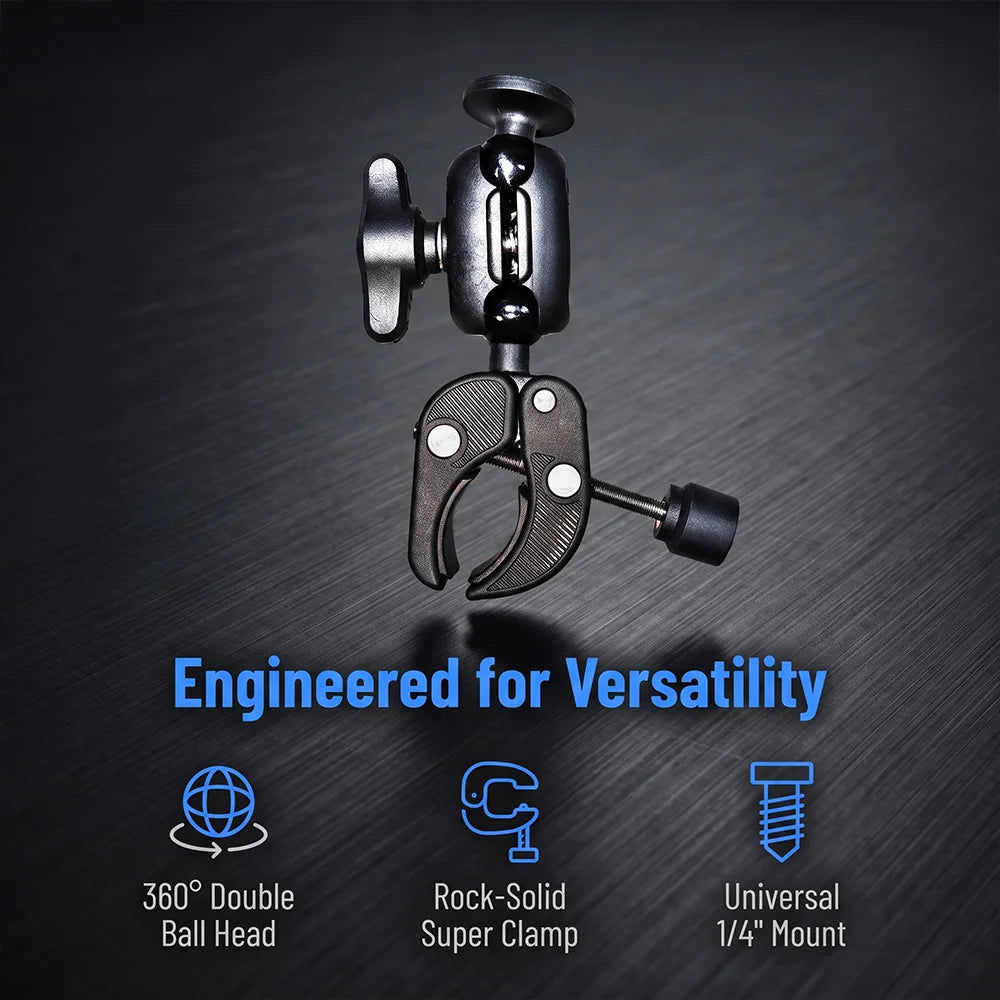 Universal Double-Ball Crab-Claw Mount, Action Camera Car Mount, Universal 360° Adjustable Mount for Handlebars / Light Mounts