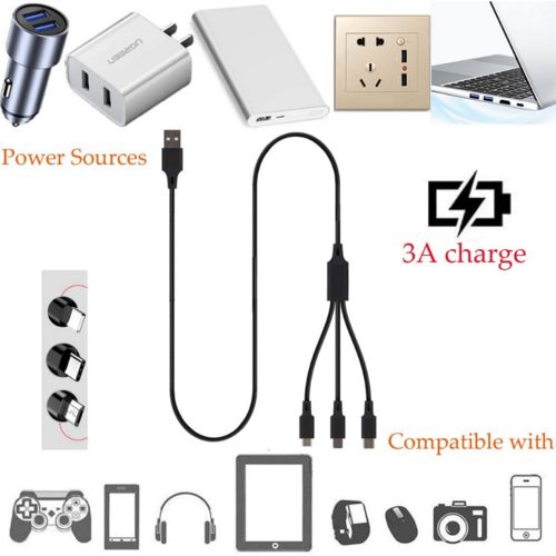 3-in-1 Nylon Braided Charging Cable – USB-C, Lightning & Micro USB Fast Charge