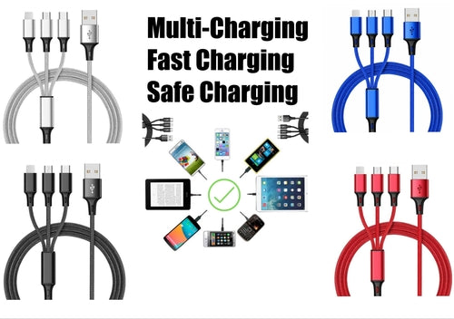 3-in-1 Nylon Braided Charging Cable – USB-C, Lightning & Micro USB Fast Charge