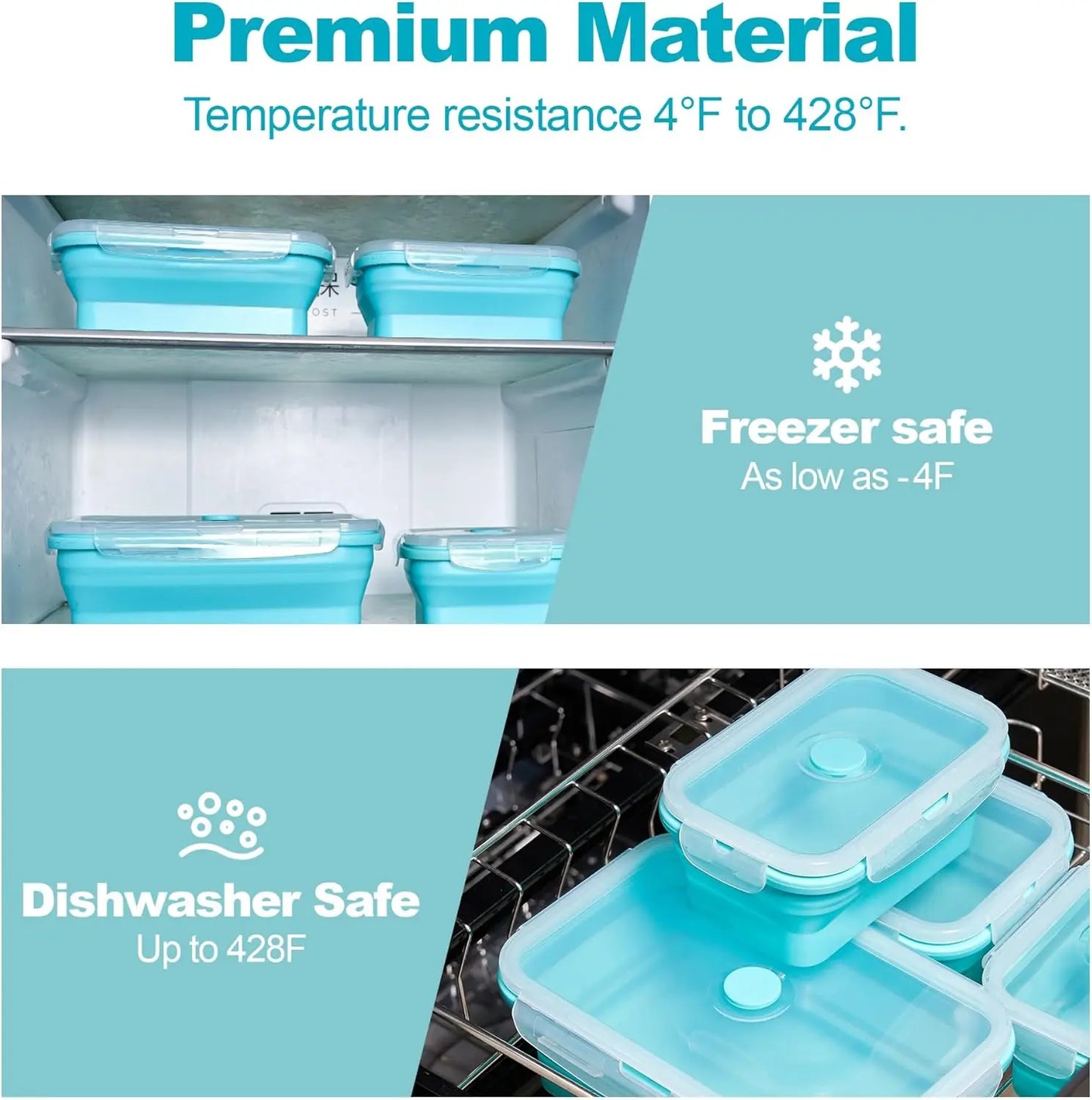 Collapsible Food Storage Containers with Lids & Vent, 11.8 oz, Kitchen Stacking Silicone Collapsible Meal Prep Container Set for