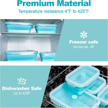 Collapsible Food Storage Containers with Lids & Vent, 11.8 oz, Kitchen Stacking Silicone Collapsible Meal Prep Container Set for