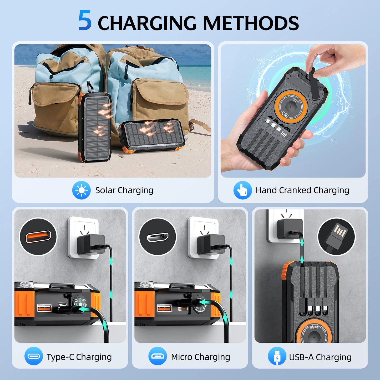50000mAh Solar Power Bank Hand Crank Generator, Portable Outdoor Emergency Charger with 4 Built-in Cables, Dual LED Flashlight