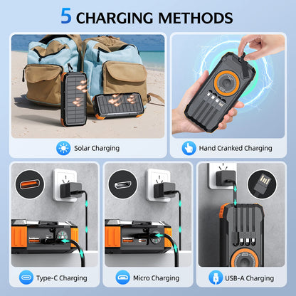 50000mAh Solar Power Bank Hand Crank Generator, Portable Outdoor Emergency Charger with 4 Built-in Cables, Dual LED Flashlight