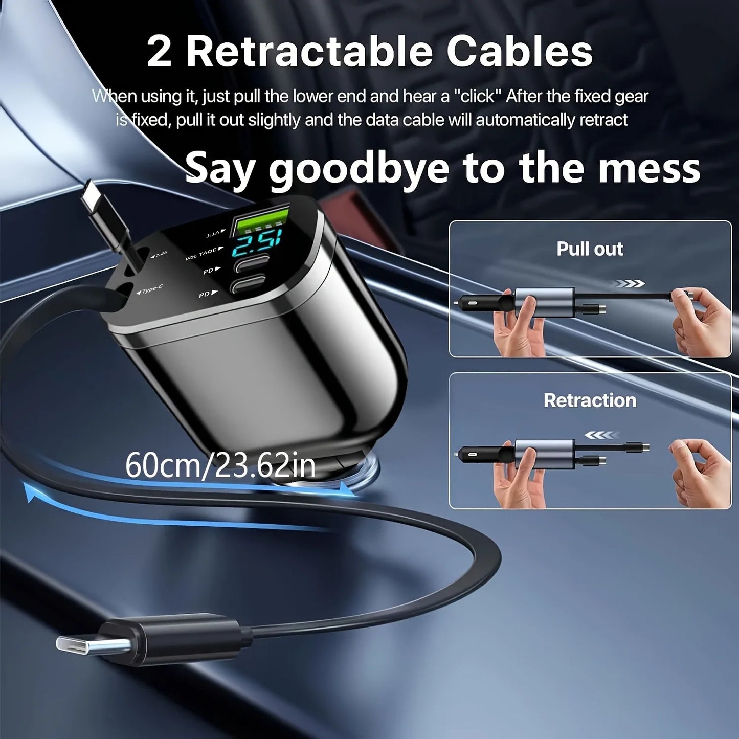 Car Charger with Retractable Cables, Three Charging Ports, Supports Up to 5 Devices Simultaneously, Smart Fast Charging Base