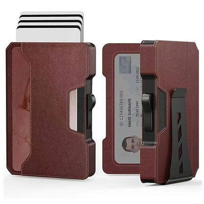 Aluminum Pop Up Card Case and Leather Slots Credit Card Holder RFID Blocking Wallet for Men with Gift Box