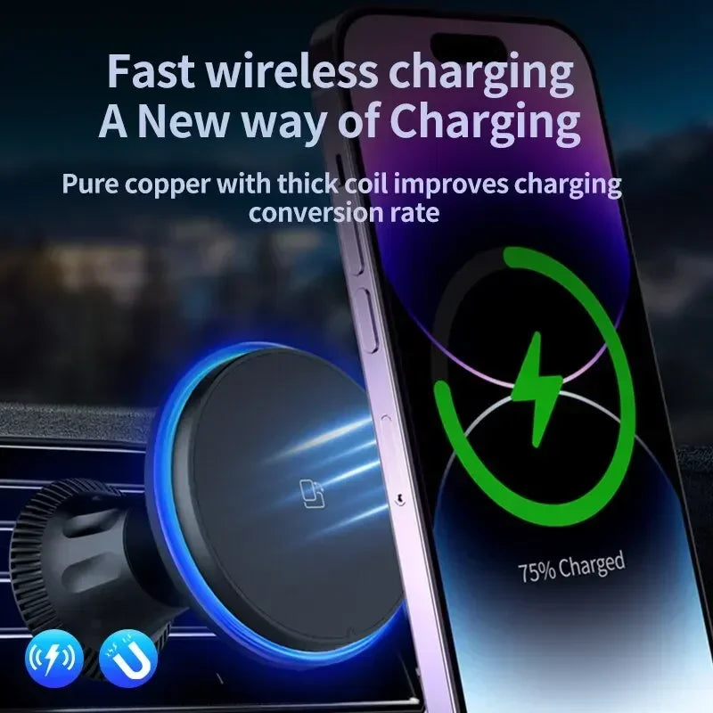 Magnetic Car Wireless Charger RGB For iPhone12 13 14 15 16 17 Pro Max Macsafe Car Phone Holder Stand Mount Fast Charging Station