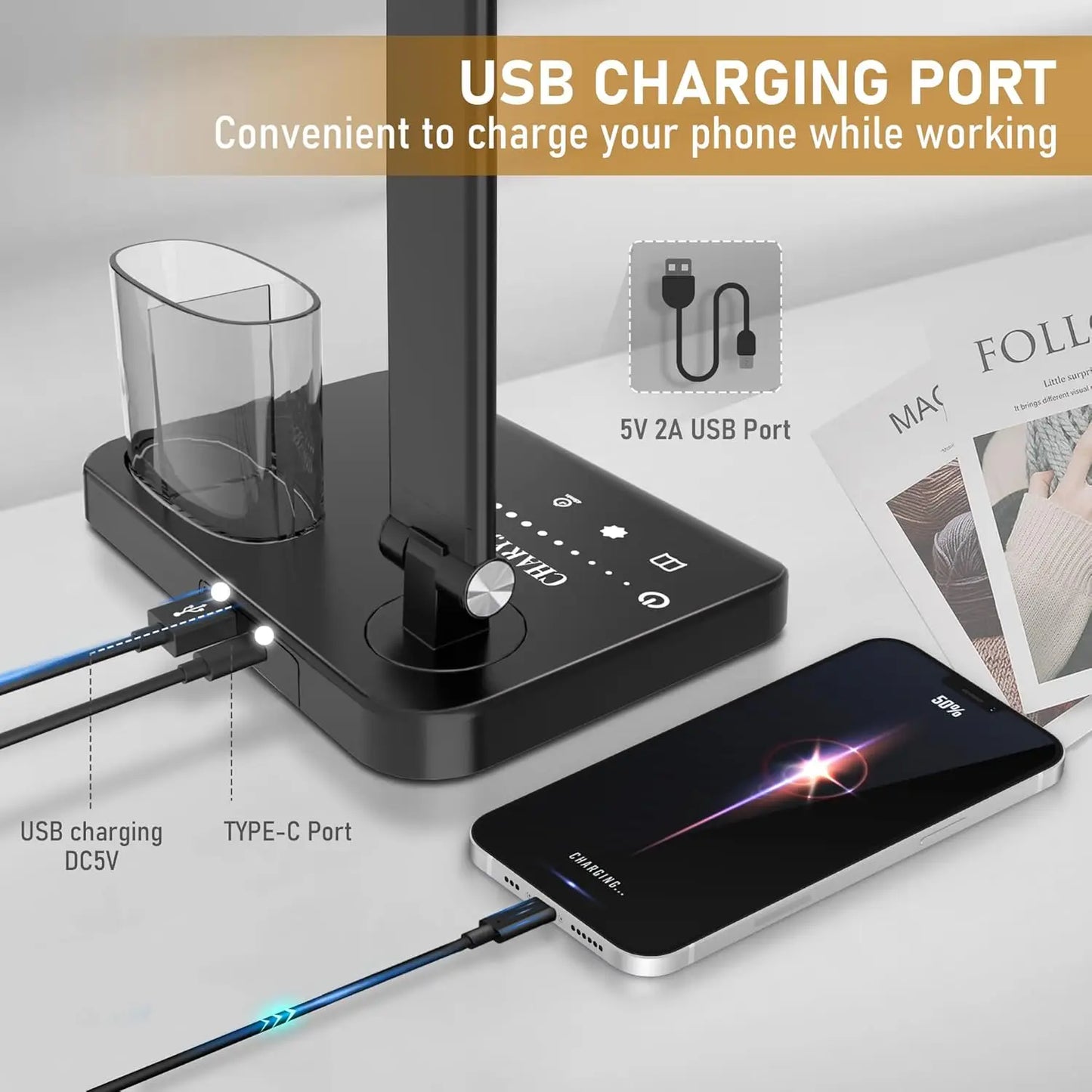 Dual Swing Arm LED Desk Lamps, Eye-Caring Desk Light with USB Charging Port, Auto Timer Table Lamp, Desk Lamp for Reading/Study