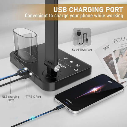 Dual Swing Arm LED Desk Lamps, Eye-Caring Desk Light with USB Charging Port, Auto Timer Table Lamp, Desk Lamp for Reading/Study