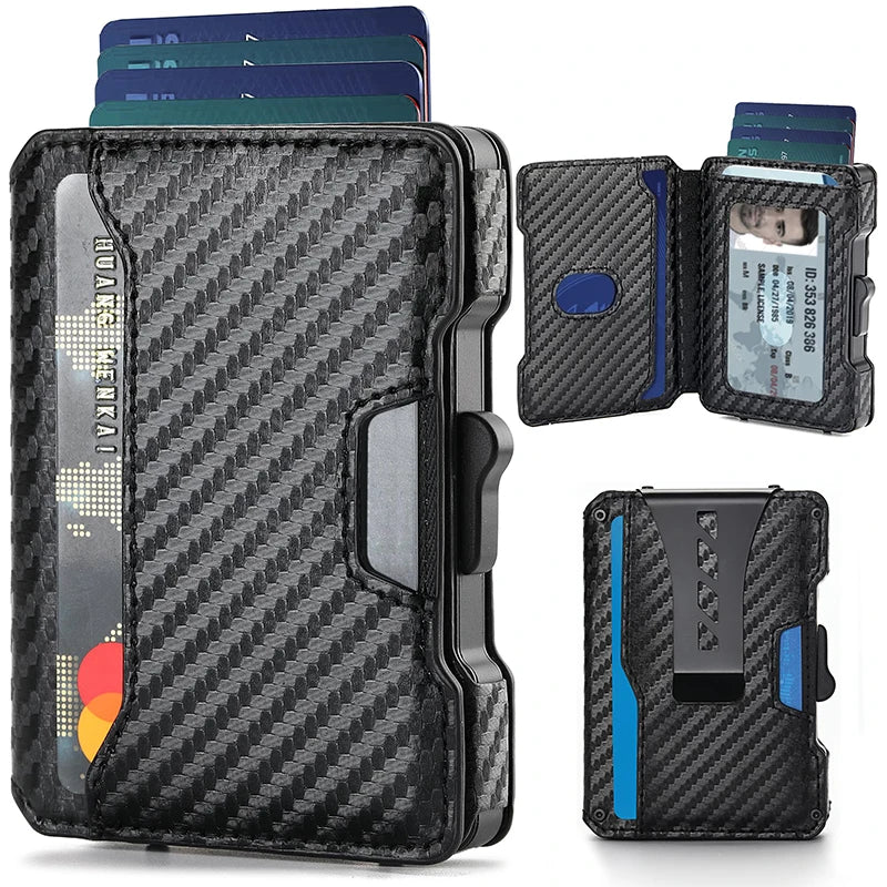 Aluminum Pop Up Card Case and Leather Slots Credit Card Holder RFID Blocking Wallet for Men with Gift Box