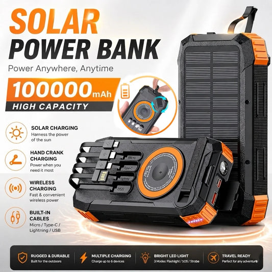Solar Power Bank 100000mAh Wireless Fast Charging Portable Charger Built-in Cables LED Flashlight for Camping Travel Emergency