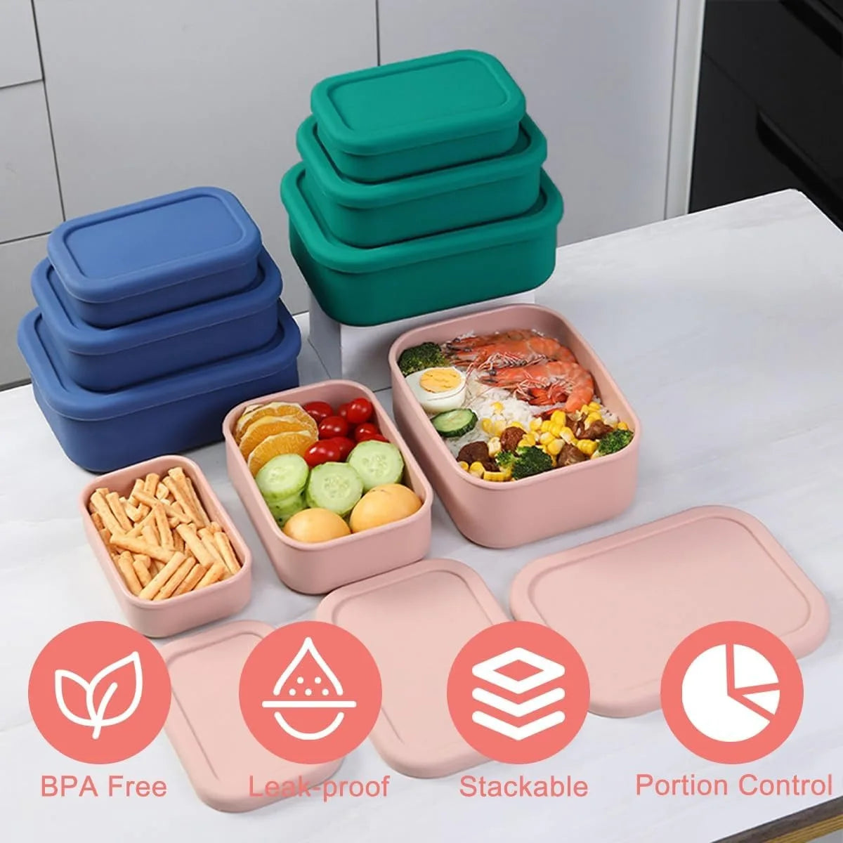 Silicone Food Storage Containers,  Silicone Bento Lunch Box Containers with Lids, For Airtight, Microwave, Dishwasher ,Freezer