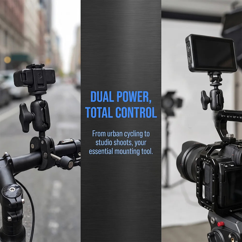 Universal Double-Ball Crab-Claw Mount, Action Camera Car Mount, Universal 360° Adjustable Mount for Handlebars / Light Mounts