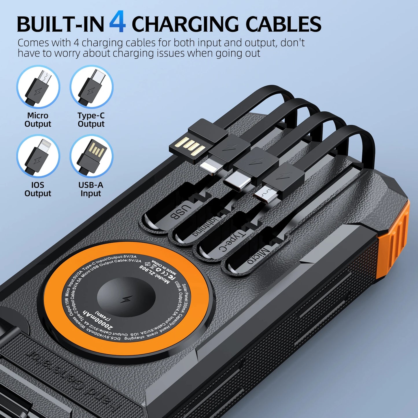 50000mAh Solar Power Bank Hand Crank Generator, Portable Outdoor Emergency Charger with 4 Built-in Cables, Dual LED Flashlight