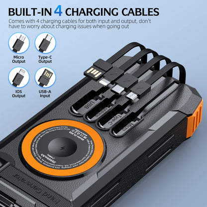 50000mAh Solar Power Bank Hand Crank Generator, Portable Outdoor Emergency Charger with 4 Built-in Cables, Dual LED Flashlight