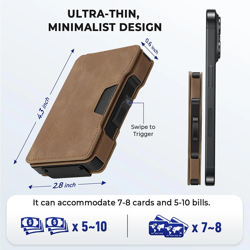 Aluminum Pop Up Card Case and Leather Slots Credit Card Holder RFID Blocking Wallet for Men with Gift Box