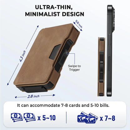Aluminum Pop Up Card Case and Leather Slots Credit Card Holder RFID Blocking Wallet for Men with Gift Box