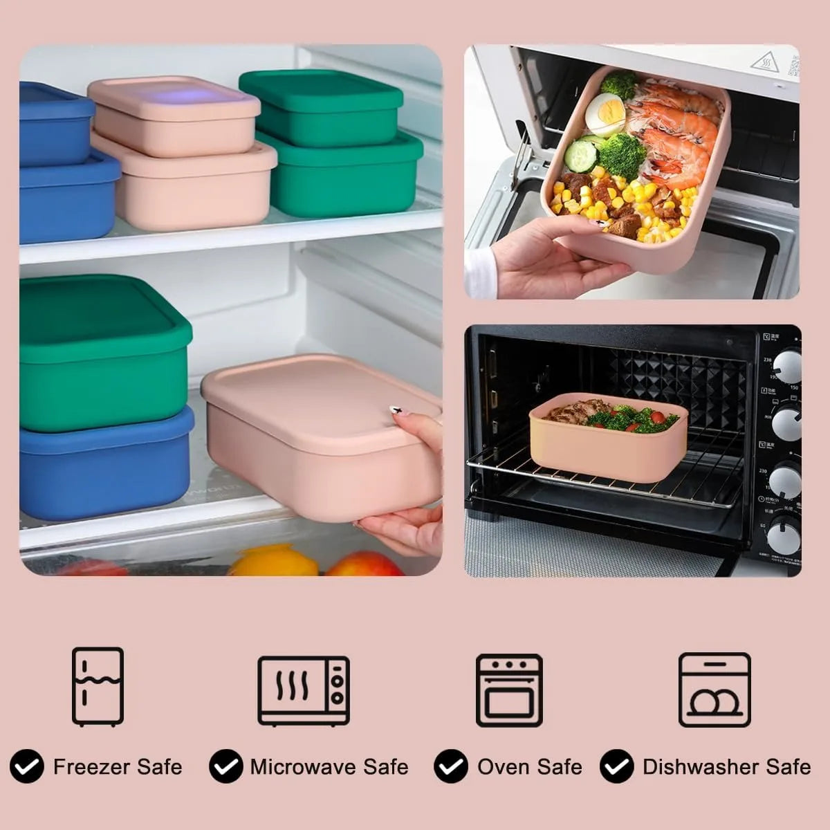Silicone Food Storage Containers,  Silicone Bento Lunch Box Containers with Lids, For Airtight, Microwave, Dishwasher ,Freezer