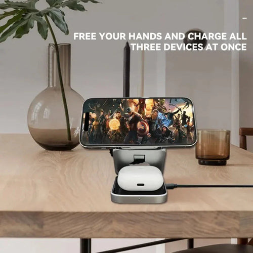 Foldable 3-in-1 Wireless Charging Stand – Phone, Earbuds & Smartwatch Charger