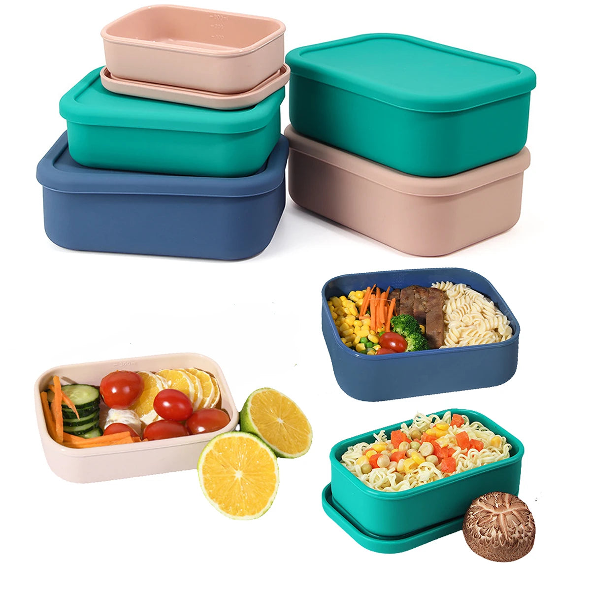 Silicone Food Storage Containers,  Silicone Bento Lunch Box Containers with Lids, For Airtight, Microwave, Dishwasher ,Freezer