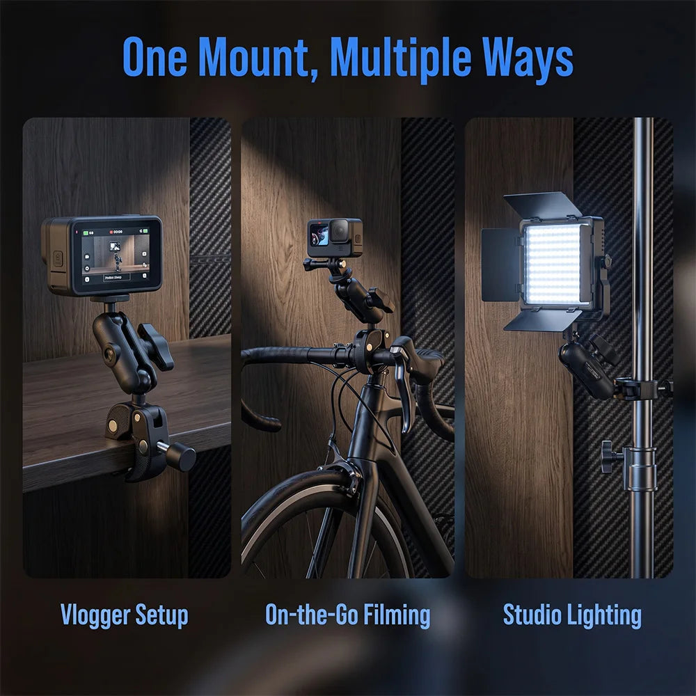 Universal Double-Ball Crab-Claw Mount, Action Camera Car Mount, Universal 360° Adjustable Mount for Handlebars / Light Mounts