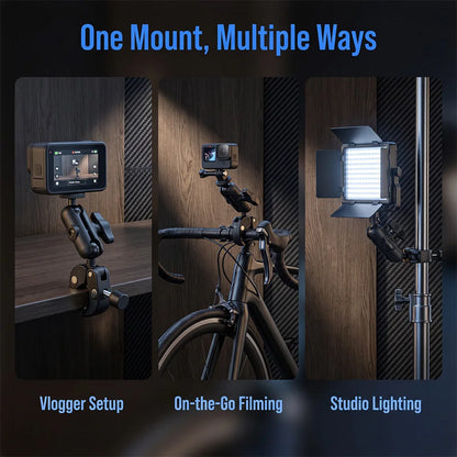Universal Double-Ball Crab-Claw Mount, Action Camera Car Mount, Universal 360° Adjustable Mount for Handlebars / Light Mounts