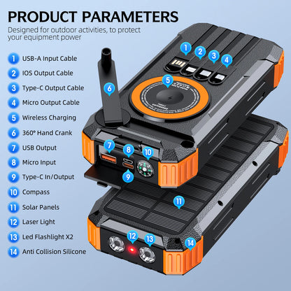 50000mAh Solar Power Bank Hand Crank Generator, Portable Outdoor Emergency Charger with 4 Built-in Cables, Dual LED Flashlight