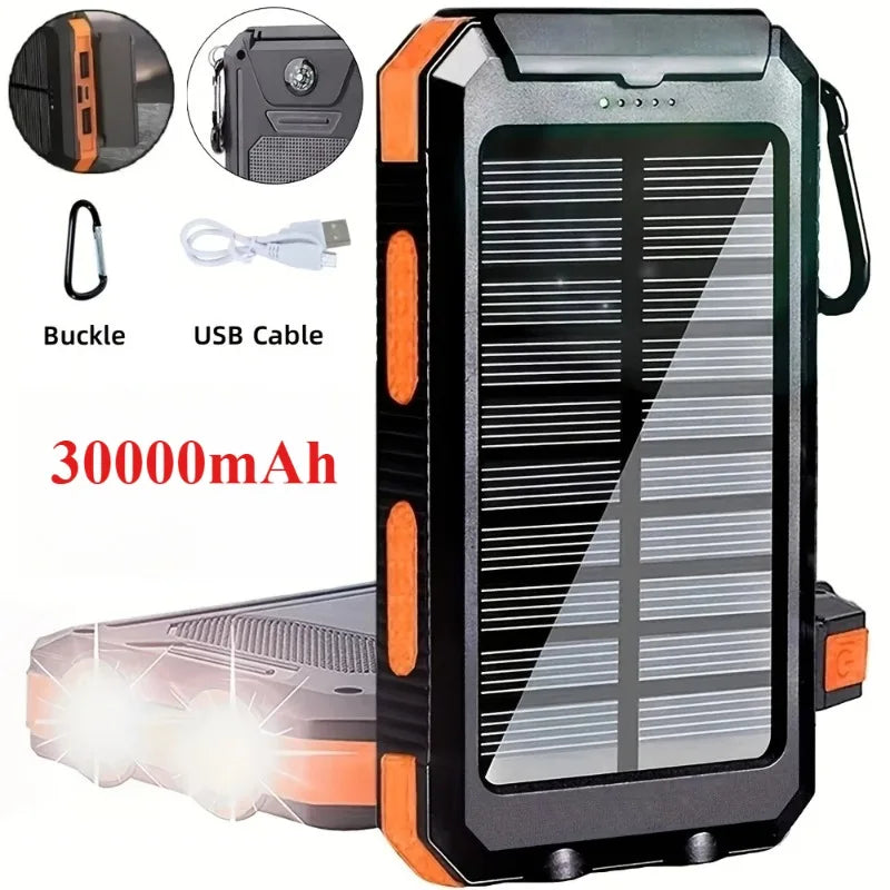 New 30000mAh Solar Power Bank  Portable Charging Poverbank External Battery Charger Strong Light LDE Light for All Smartphones