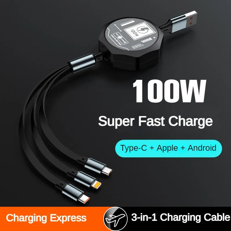 3 In 1 Retractable USB 100W Cable Fast Charging And Data Micro USB Type C For iphone6-14 Android Phone Xiaomi Huawei OPPO