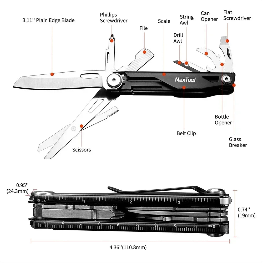 NexTool 12-in-1 Multitool Knife Outdoor Pocket Knife Survival Kit Folding Multi Tool Screwdriver EDC Tools with Nylon Case
