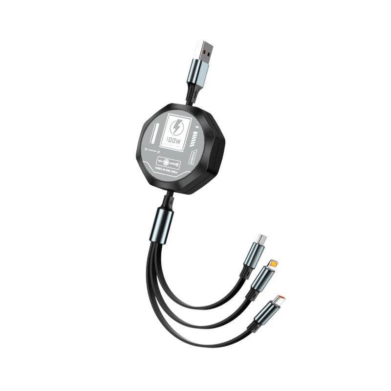 3 In 1 Retractable USB 100W Cable Fast Charging And Data Micro USB Type C For iphone6-14 Android Phone Xiaomi Huawei OPPO