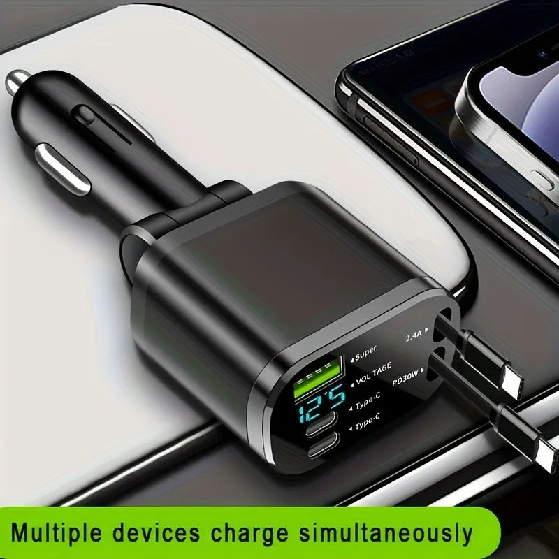 Car Charger with Retractable Cables, Three Charging Ports, Supports Up to 5 Devices Simultaneously, Smart Fast Charging Base