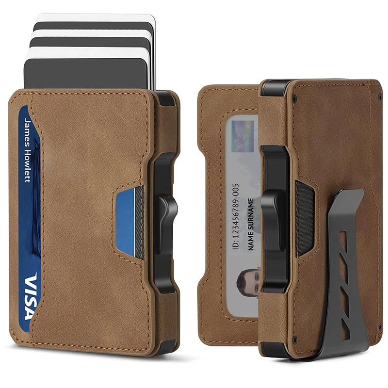 Aluminum Pop Up Card Case and Leather Slots Credit Card Holder RFID Blocking Wallet for Men with Gift Box