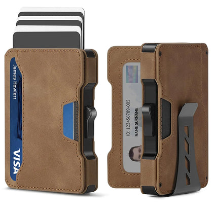 Aluminum Pop Up Card Case and Leather Slots Credit Card Holder RFID Blocking Wallet for Men with Gift Box