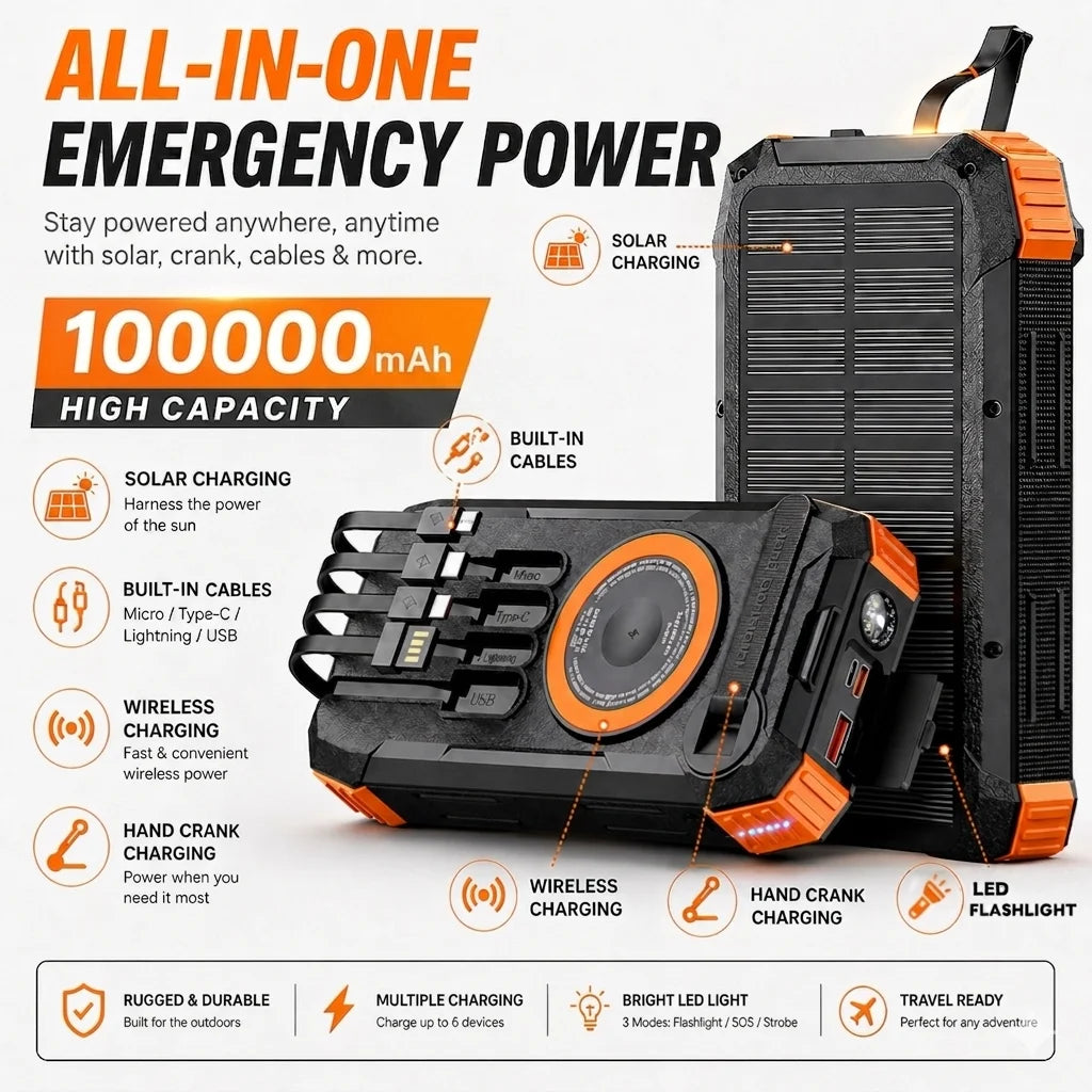 Solar Power Bank 100000mAh Wireless Fast Charging Portable Charger Built-in Cables LED Flashlight for Camping Travel Emergency