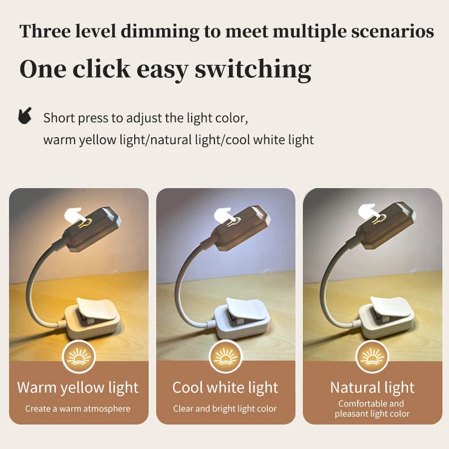 LED USB charging desk lamp with Clip Eye Protection Portable Book Light 3 Colors Night Light Student Bedside Study Reading Lamp