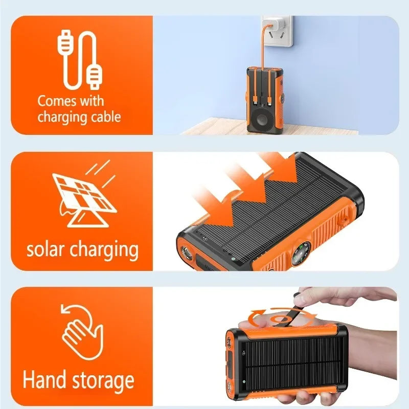 2025 NEW Solar Power Bank 20000mAh 22.5W Magnetic Wireless Powerbank Hand Crank with Cable Portable Charger for Outdoor Camping
