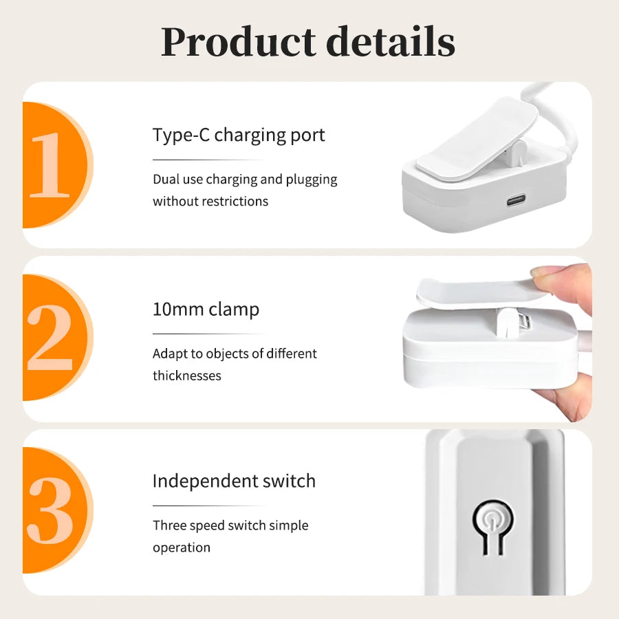 LED USB charging desk lamp with Clip Eye Protection Portable Book Light 3 Colors Night Light Student Bedside Study Reading Lamp