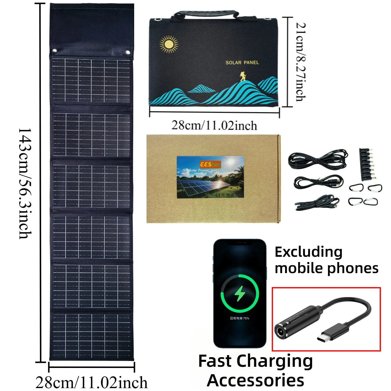 Portable Solar Charger 50W 90W Foldable ETFE Waterproof Solar Power Bank With Dual USB DC Output For Outdoor Emergency Camping