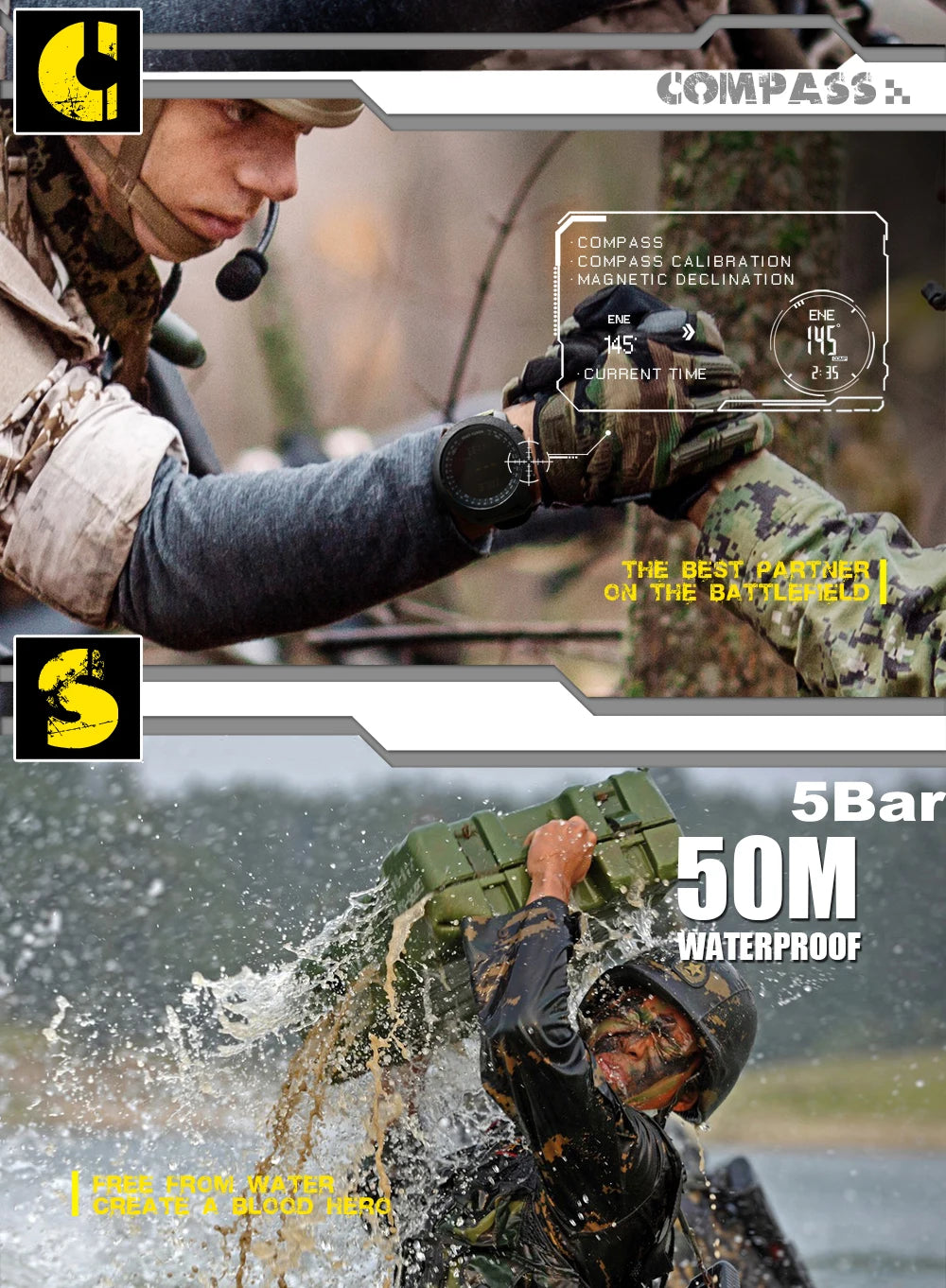 NORTH EDGE Men's Sport Digital Watch Hours Running Swimming Military Army Watches Altimeter Barometer Compass Waterproof 50m