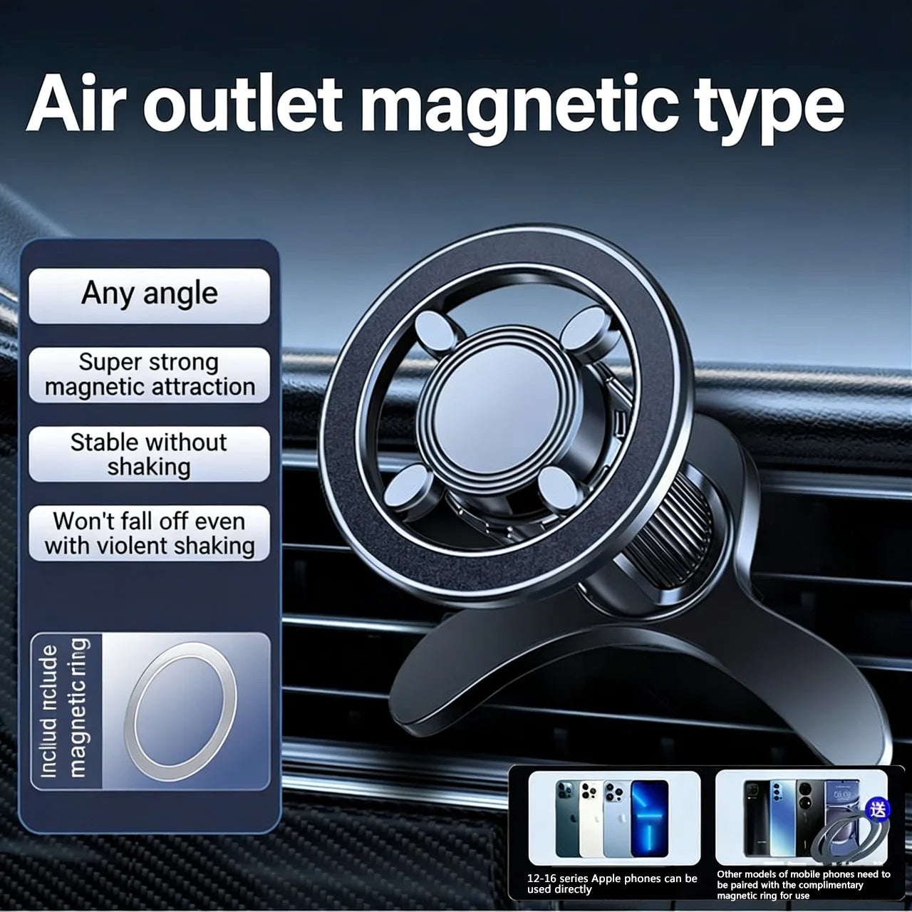 MagSafe Car Mount, 17 N52 Magnets Air Vent Phone Holder, 360° Rotatable, Fit iPhone 16-12 Series & All Phones, with MagneticRing