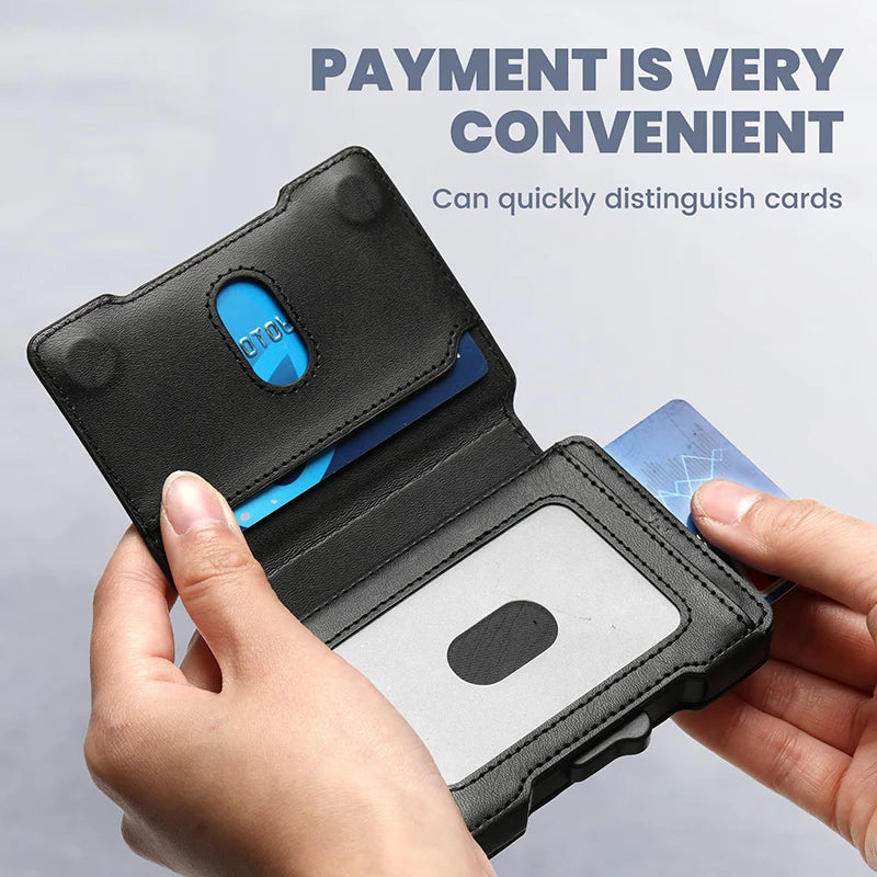 Aluminum Pop Up Card Case and Leather Slots Credit Card Holder RFID Blocking Wallet for Men with Gift Box