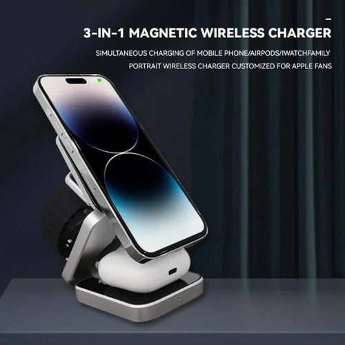 Foldable 3-in-1 Wireless Charging Stand – Phone, Earbuds & Smartwatch Charger