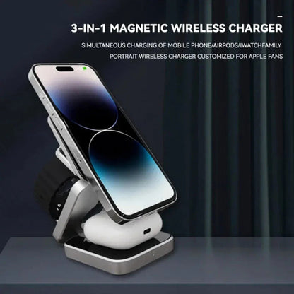 Foldable 3-in-1 Wireless Charging Stand – Phone, Earbuds & Smartwatch Charger
