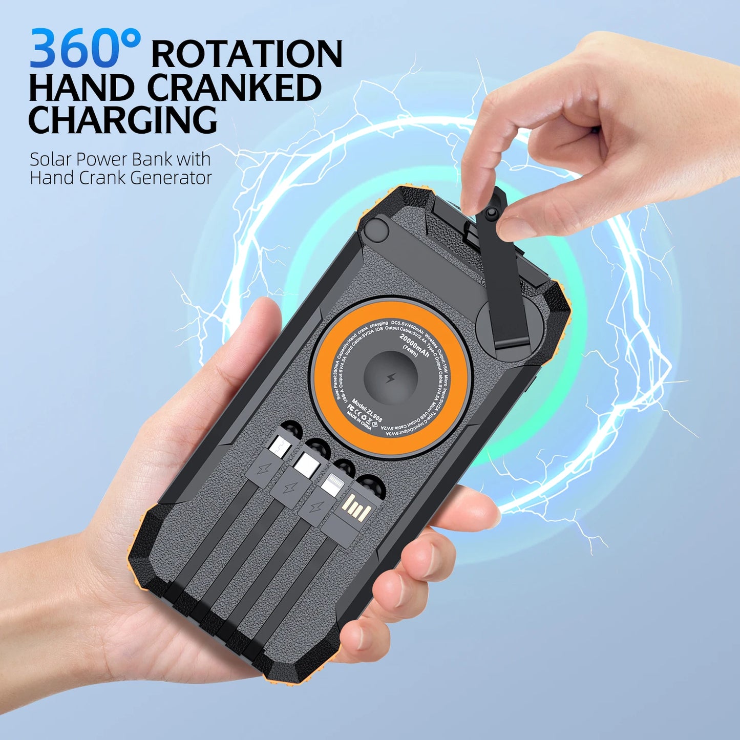 50000mAh Solar Power Bank Hand Crank Generator, Portable Outdoor Emergency Charger with 4 Built-in Cables, Dual LED Flashlight