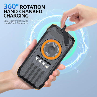 50000mAh Solar Power Bank Hand Crank Generator, Portable Outdoor Emergency Charger with 4 Built-in Cables, Dual LED Flashlight