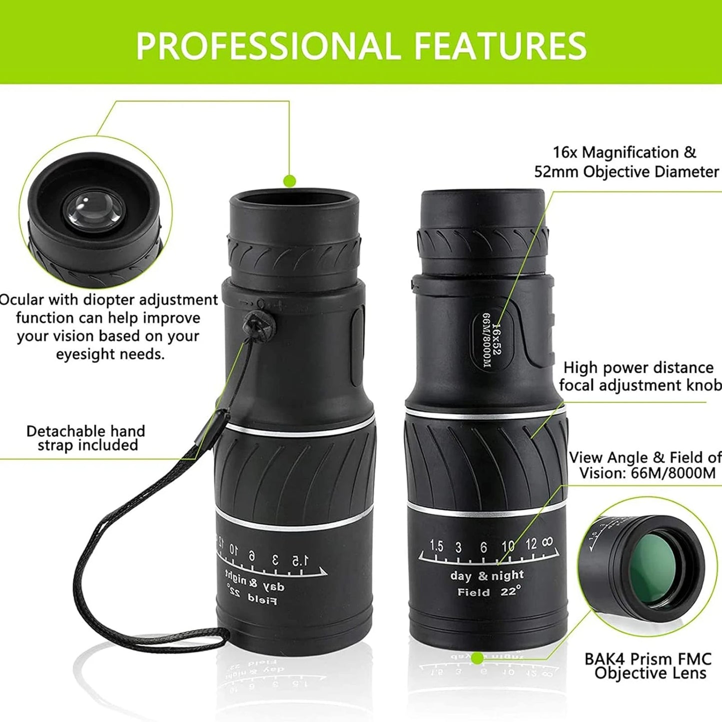 16x52 Compact Monocular, Smaller Size Easier to Carry Around for Bird Watching Hunting Camping Hiking Sport Game Concerts
