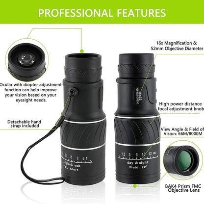 16x52 Compact Monocular, Smaller Size Easier to Carry Around for Bird Watching Hunting Camping Hiking Sport Game Concerts