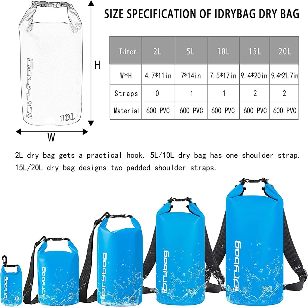 Idrybag Dry Bags Waterproof Bag for Women Men 2/5/10/15/20L Swimming Rafting Kayaking River Trekking Waterproof Dry Bag Backpack