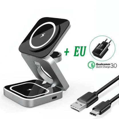 Foldable 3-in-1 Wireless Charging Stand – Phone, Earbuds & Smartwatch Charger